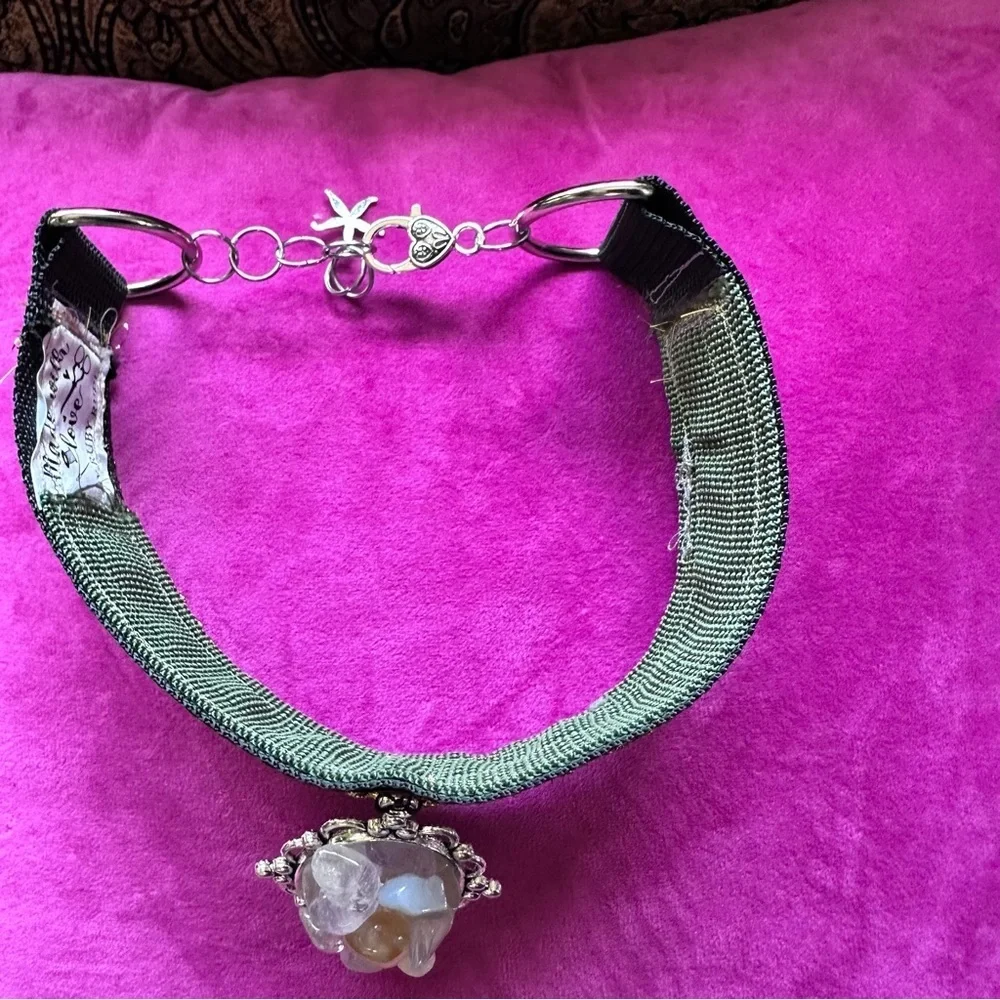 Artisan Boho Choker Necklace Gold Metallic + Handmade Quartz Pendant OOAK Signed